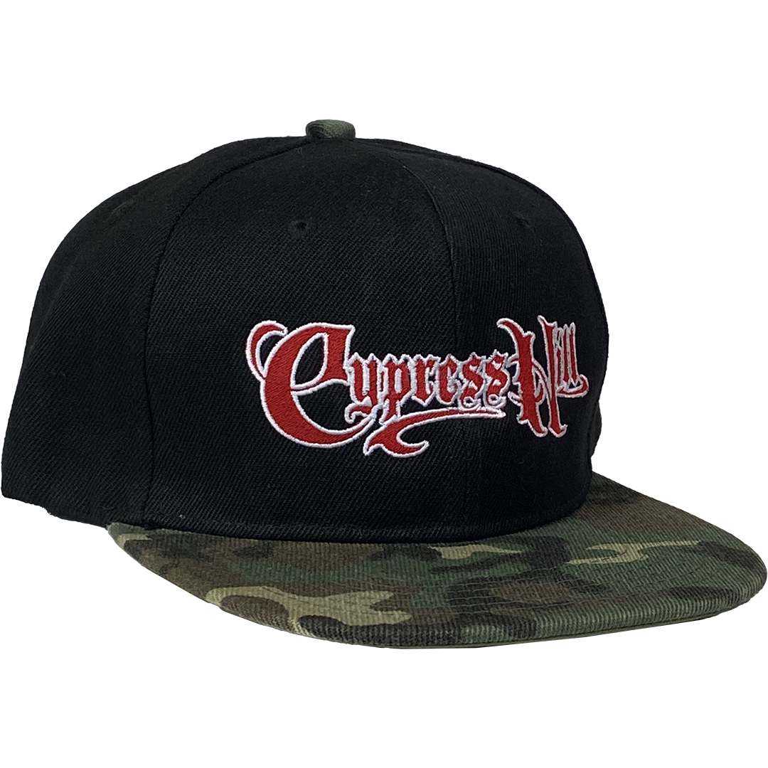"Script Logo" Snapback Hat in Black And Camo